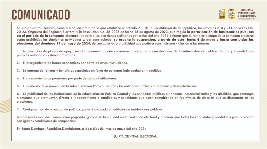 Comunicado sobre participación de funcionarios públicos en el período de la campaña electoral de cara a las elecciones 2024