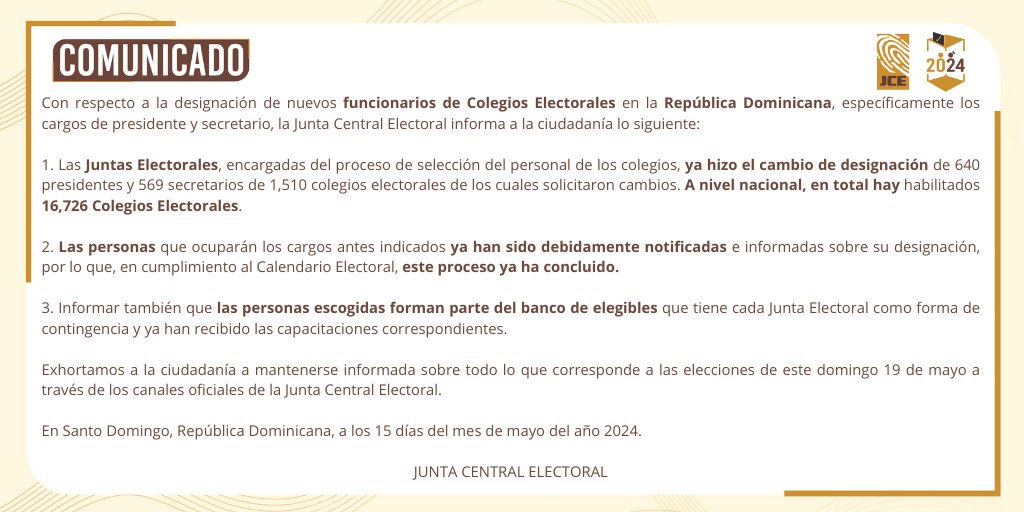 Comunicado sobre la reasignación de 649 presidentes y 569 secretarios de Colegios Electorales